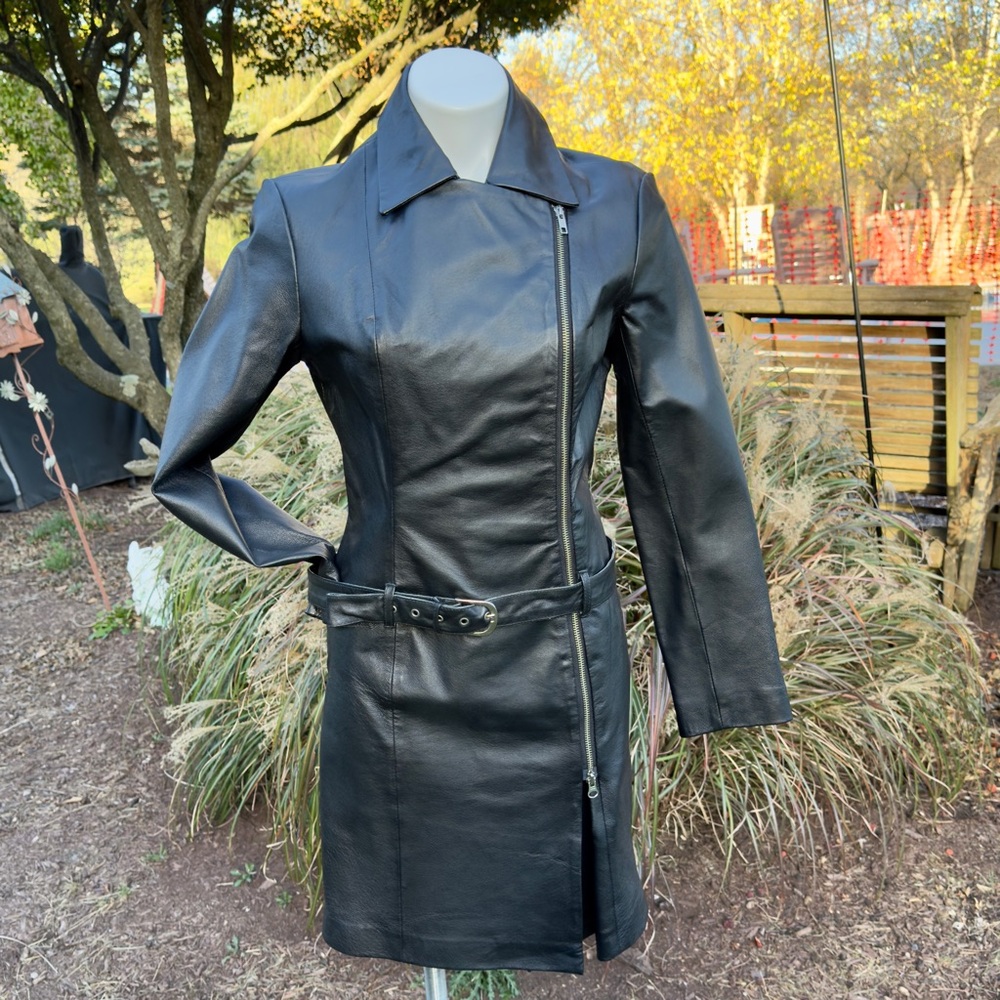 Vintage 1990’s Newport News Black Leather Asymmetrical Zip Moto Dress
